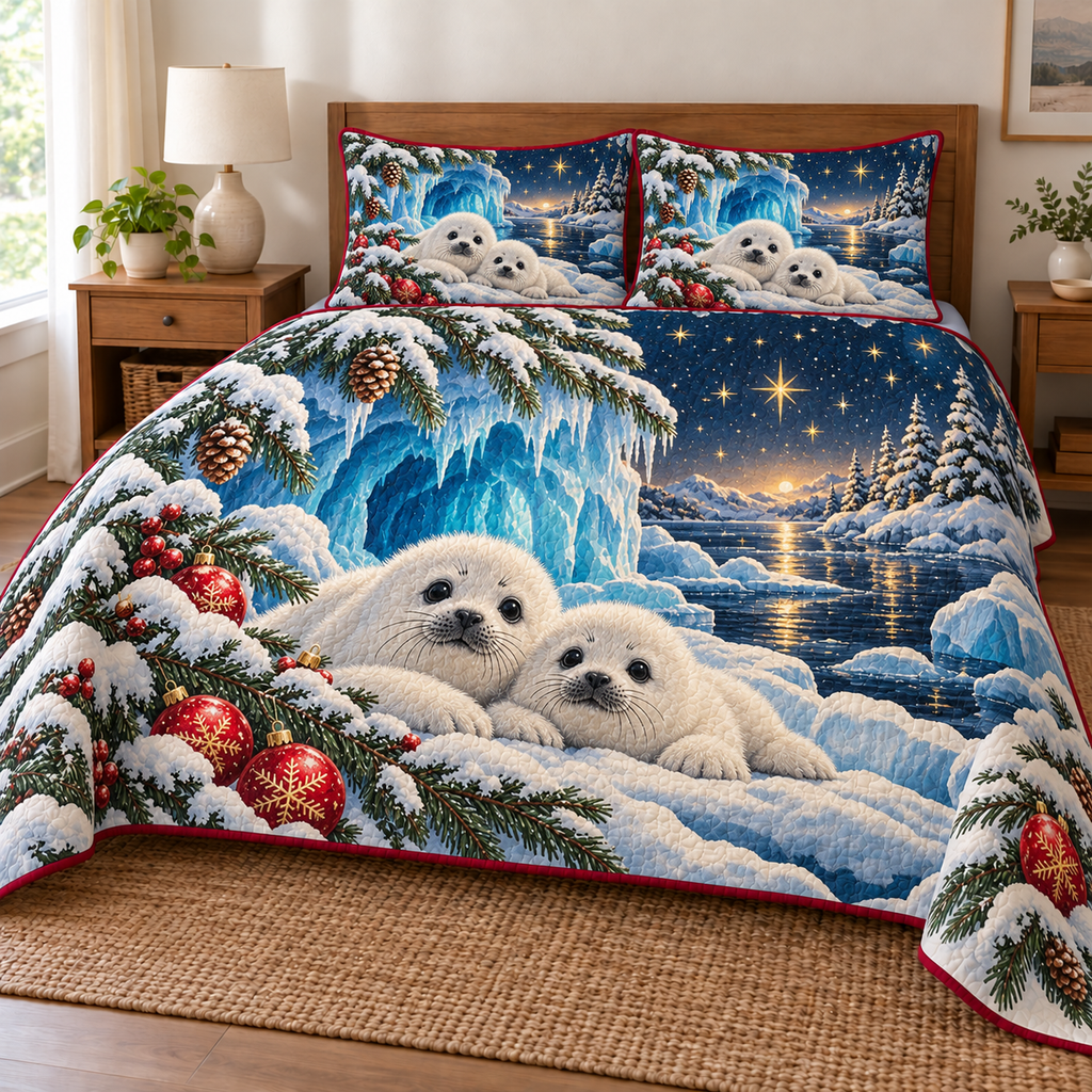 Harp Seal Crystal Cove printed Christmas quilt and two matching pillow shams; design mockup showing a flat printed depth effect.