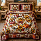 Harvest Charm quilted 3-piece bedding set on a made bed with two matching pillow shams