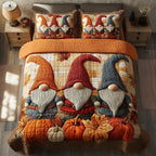 Harvest Gnome Trio quilted 3-piece bedding set on a made bed with two matching pillow shams