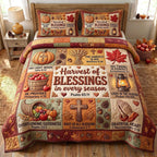 Harvest Of Blessings quilted 3-piece bedding set on a made bed with two matching pillow shams