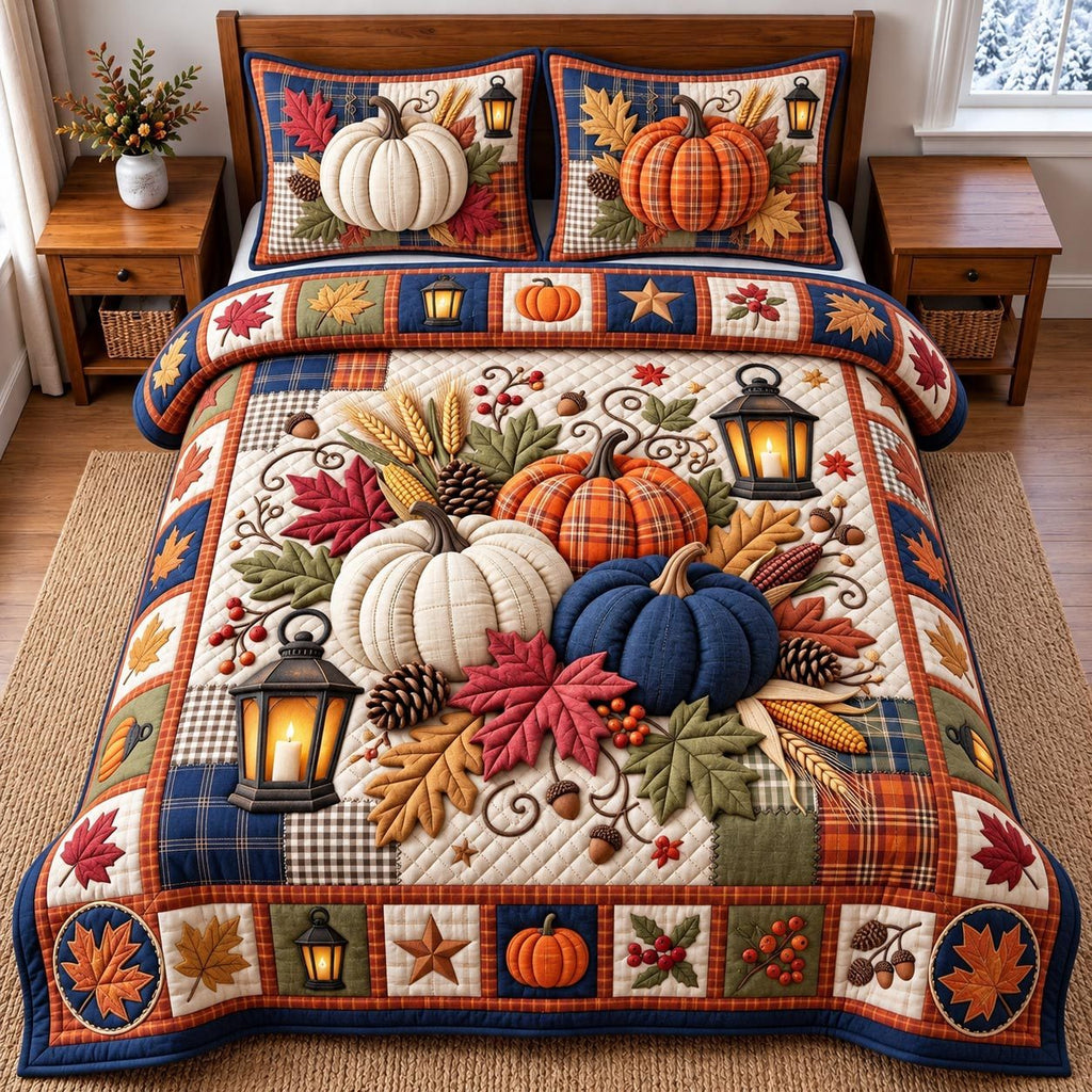 Harvest Pumpkin Patchwork quilted 3-piece bedding set on a made bed against a dark styled interior