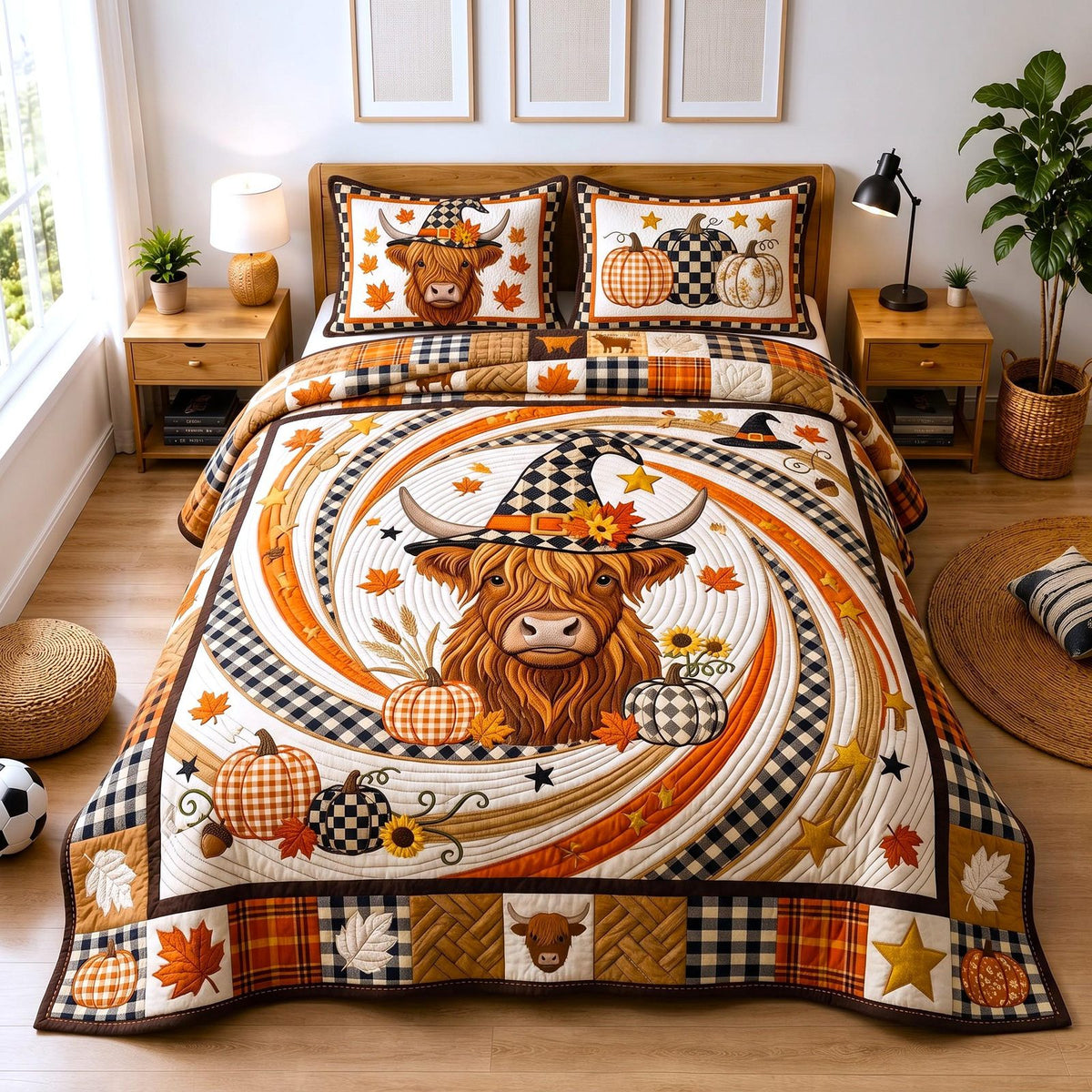 Harvest Vibes quilted 3-piece bedding set on a made bed with two matching pillow shams