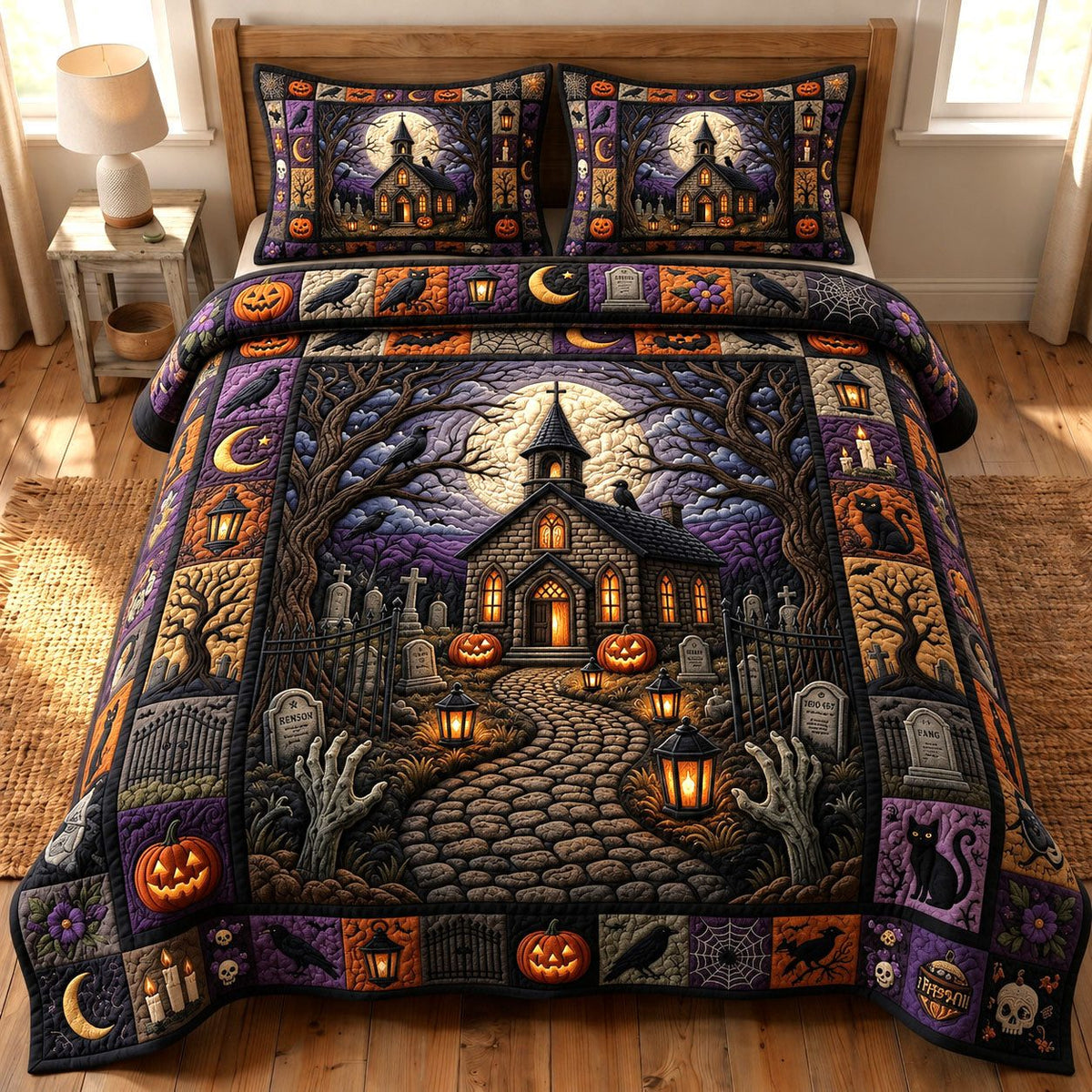 Haunted Halloween Church quilted 3-piece bedding set on a made bed against a dark styled interior
