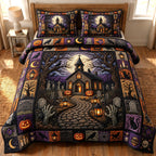 Haunted Halloween Church quilted 3-piece bedding set on a made bed against a dark styled interior