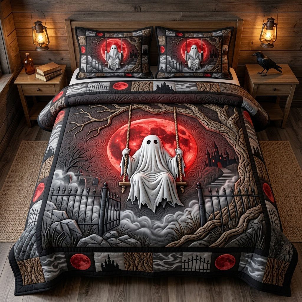 Haunted Halloween Ghost Swing quilted 3-piece bedding set on a made bed against a dark styled interior