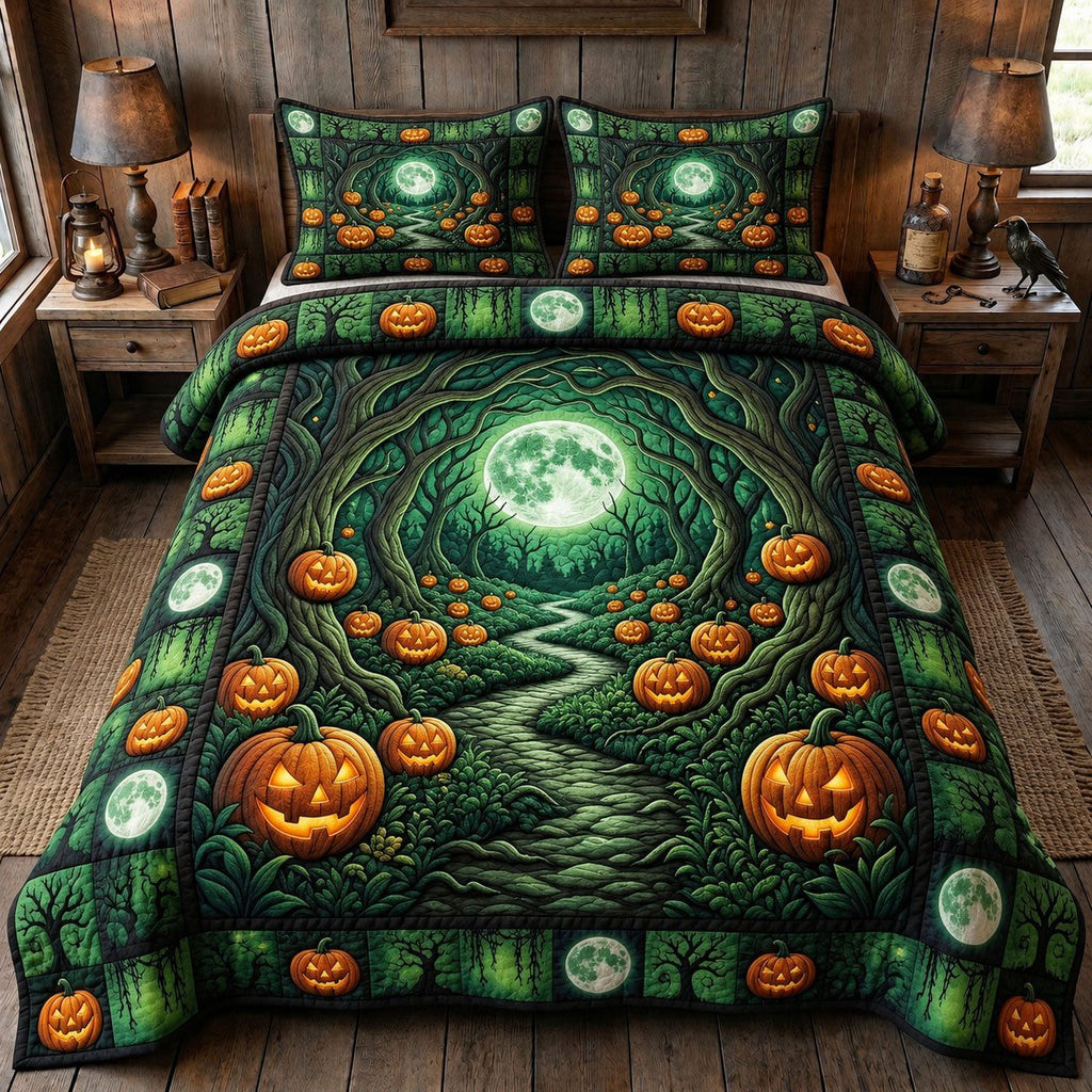 Haunted Halloween Green Moon quilted 3-piece bedding set on a made bed against a dark styled interior