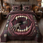 Haunted Halloween Monster Mouth quilted 3-piece bedding set on a made bed against a dark styled interior