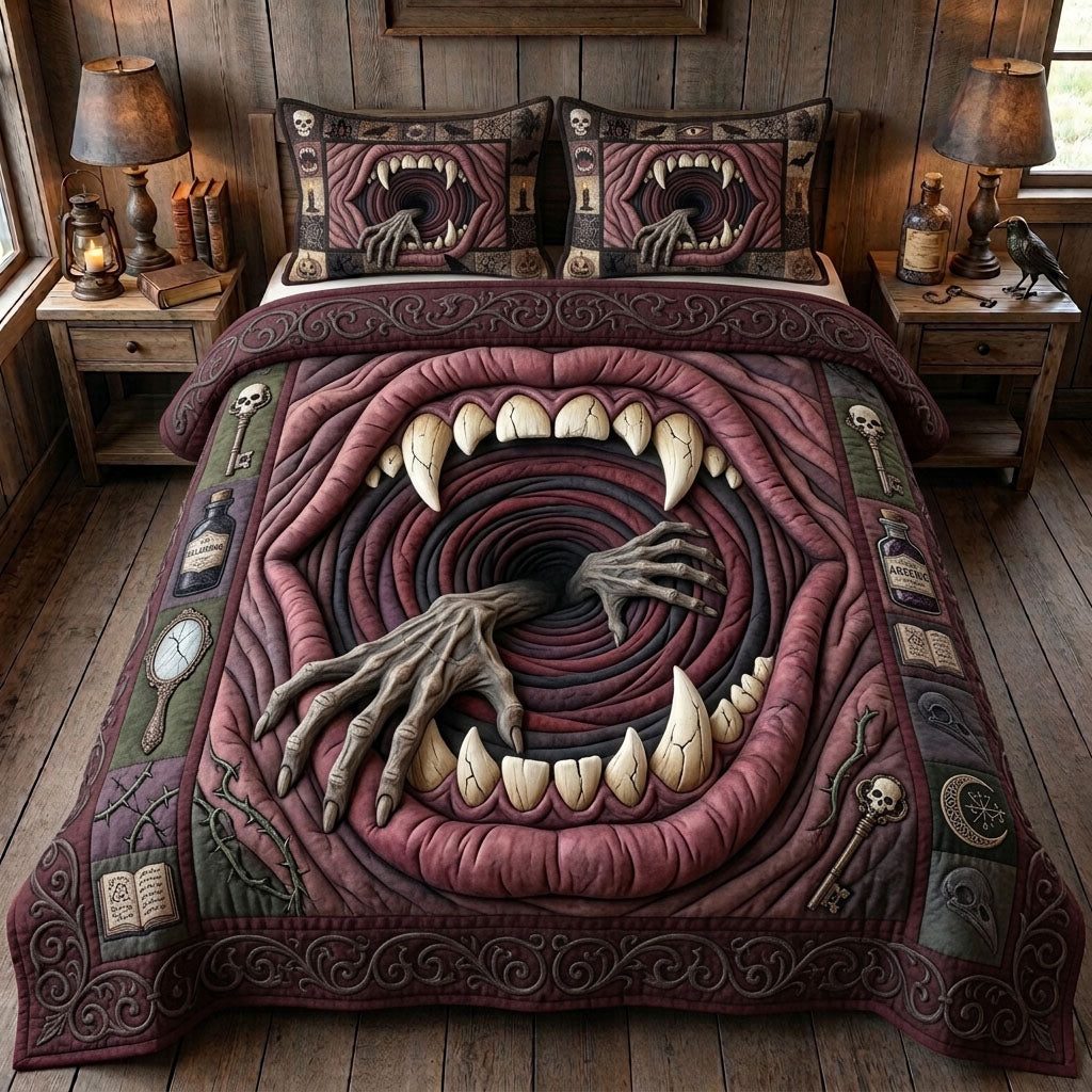 Haunted Halloween Monster Mouth quilted 3-piece bedding set on a made bed against a dark styled interior