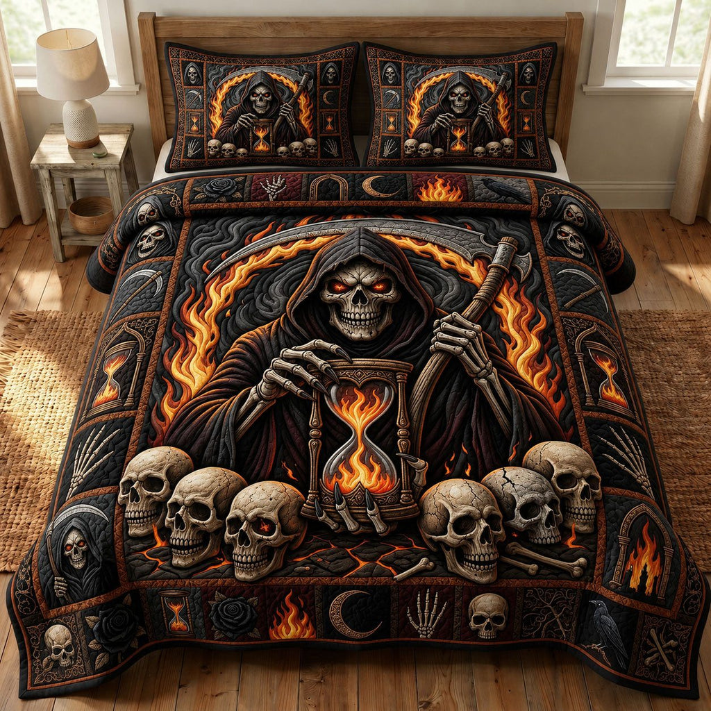 Haunted Halloween Reaper quilted 3-piece bedding set on a made bed against a dark styled interior