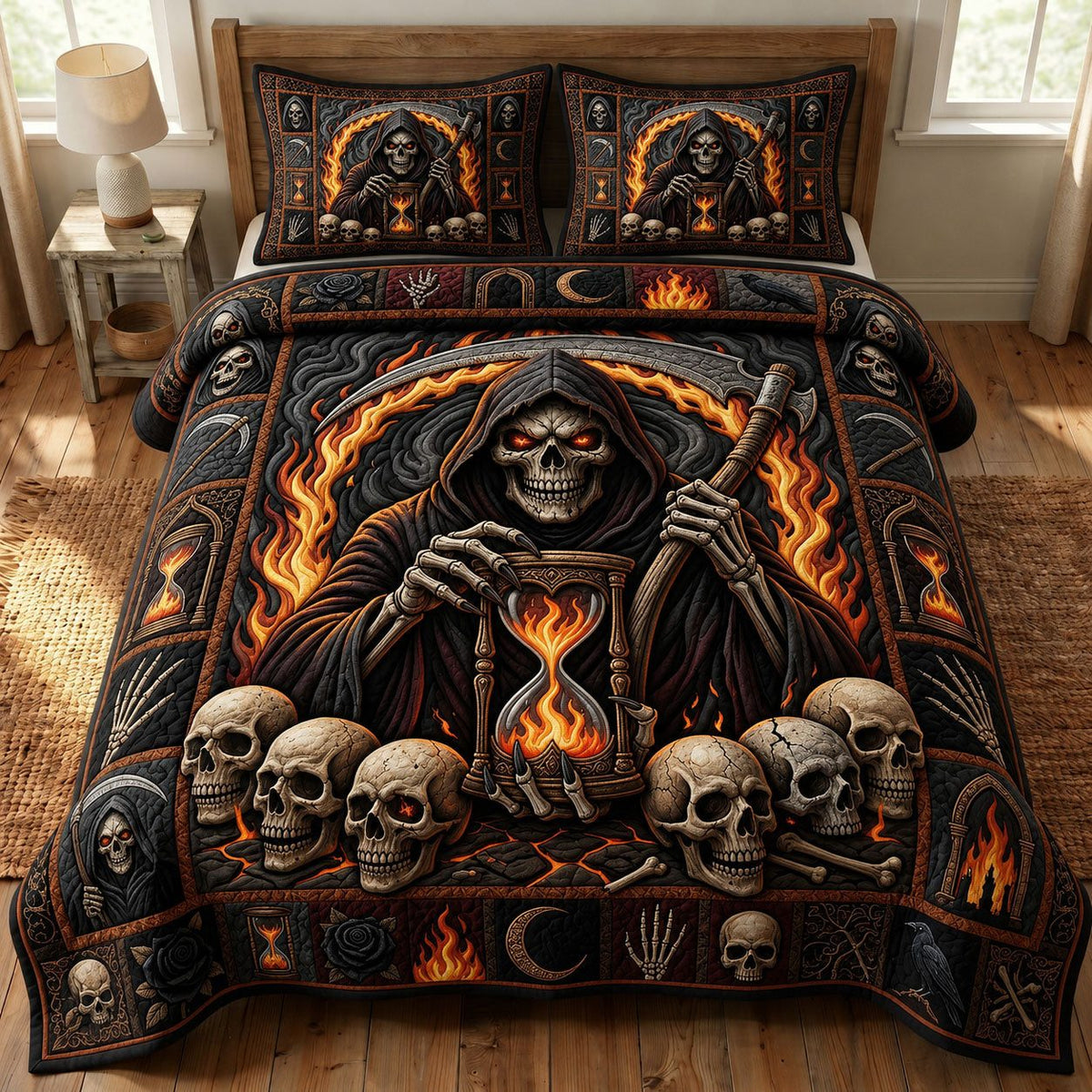 Haunted Halloween Reaper quilted 3-piece bedding set on a made bed against a dark styled interior