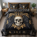 Haunted Halloween Skull Wings quilted 3-piece bedding set on a made bed against a dark styled interior