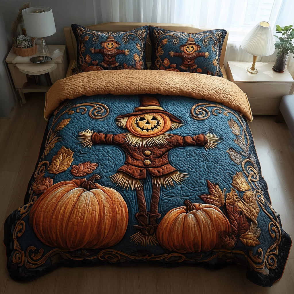 Haunted Harvest Scarecrow Blue quilted 3-piece bedding set on a made bed against a dark styled interior