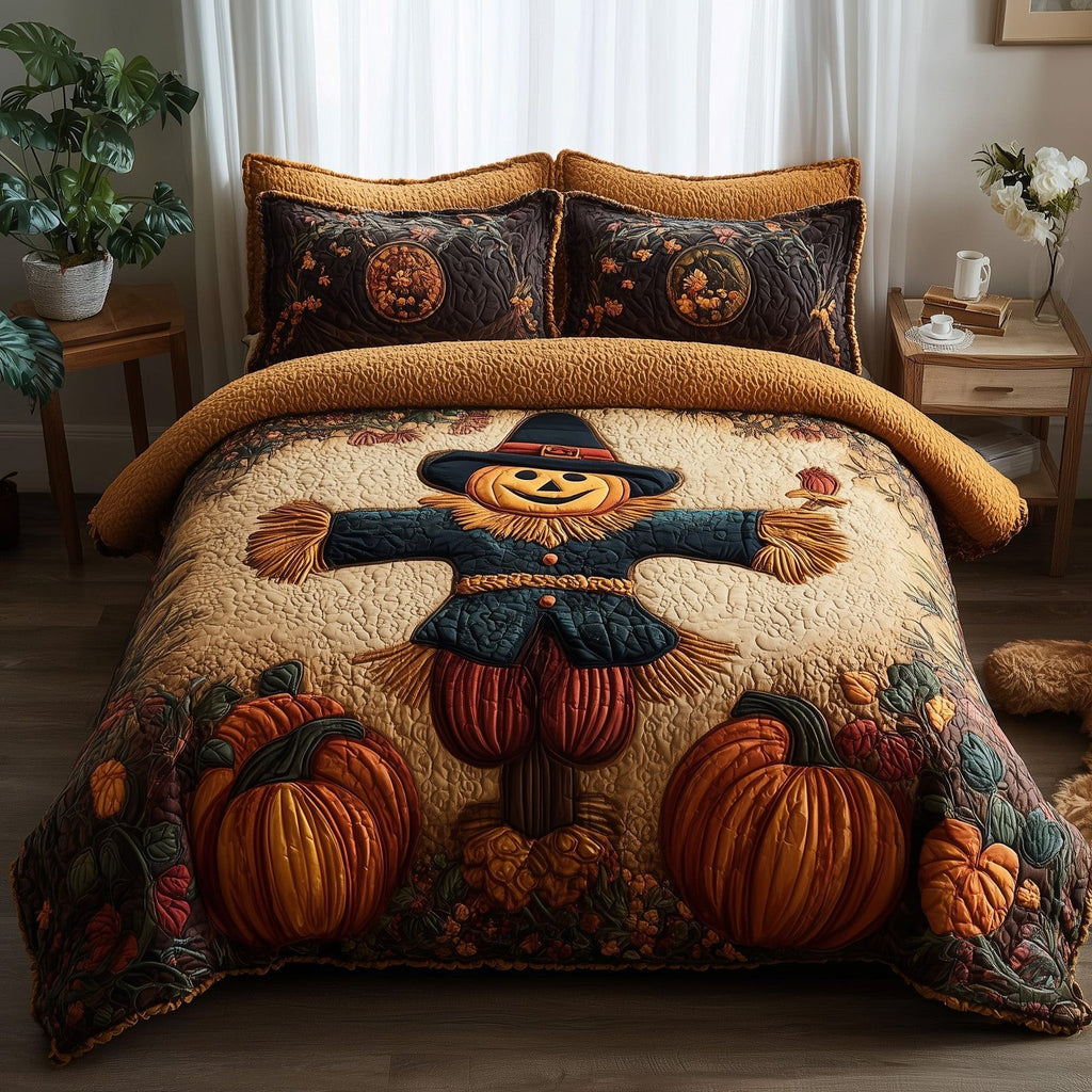 Haunted Harvest Scarecrow Hat quilted 3-piece bedding set on a made bed against a dark styled interior