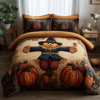Haunted Harvest Scarecrow Hat quilted 3-piece bedding set on a made bed against a dark styled interior