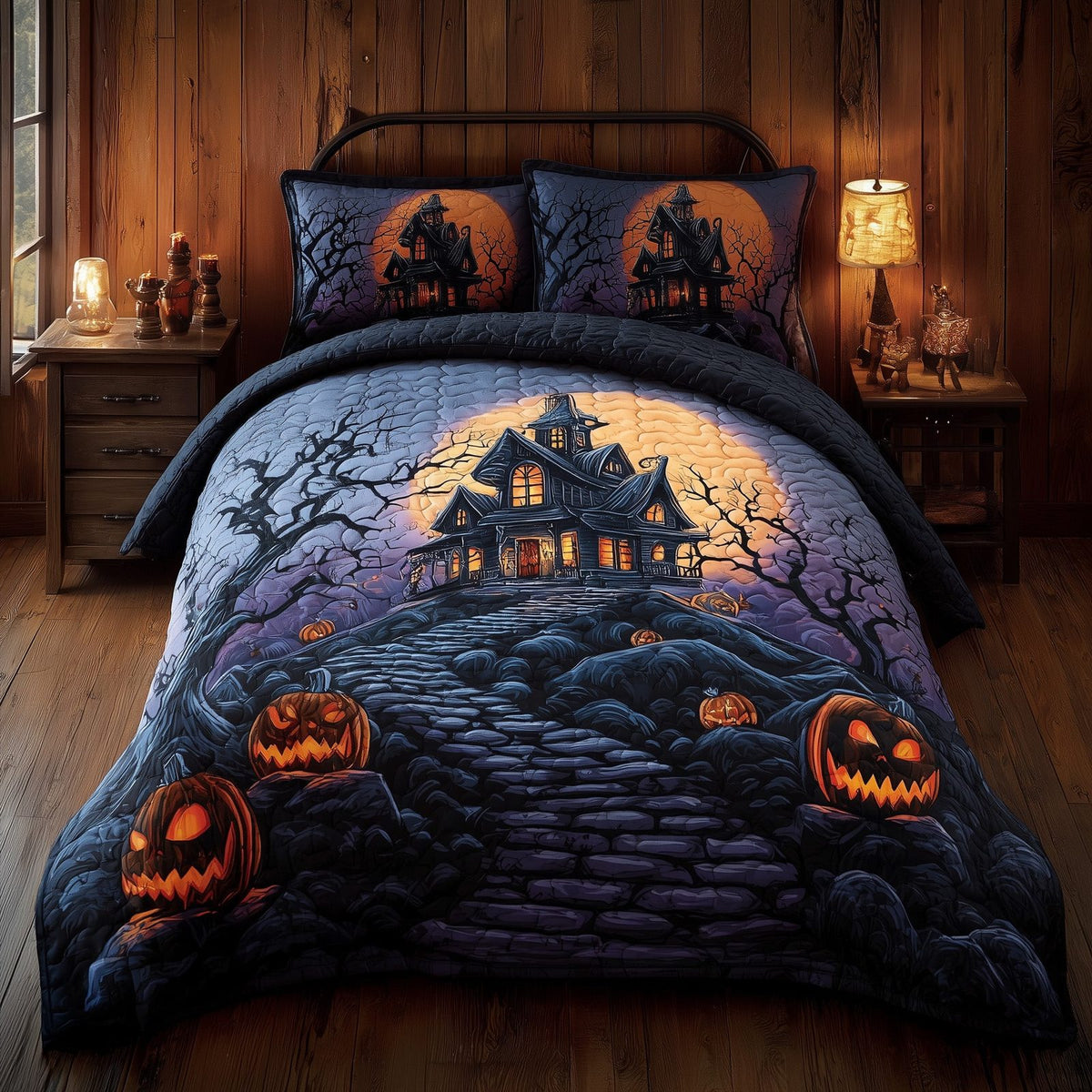 Haunted House Blue quilted 3-piece bedding set on a made bed against a dark styled interior