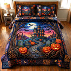 Haunted Manor Sunset quilted 3-piece bedding set on a made bed against a dark styled interior