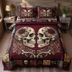 Haunted Skeleton Twins quilted 3-piece bedding set on a made bed against a dark styled interior