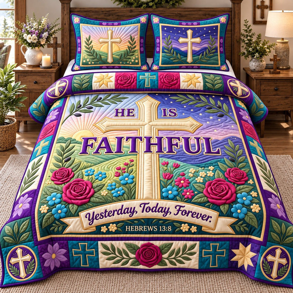 He Is Faithful quilted 3-piece bedding set on a made bed in a softly lit bedroom