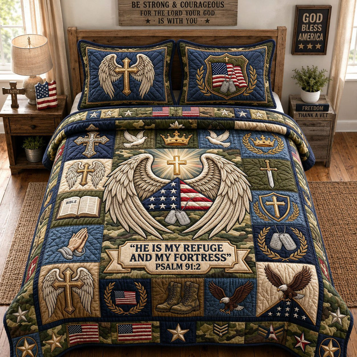 He Is My Refuge Eagle quilted 3-piece bedding set on a made bed in a warmly lit bedroom