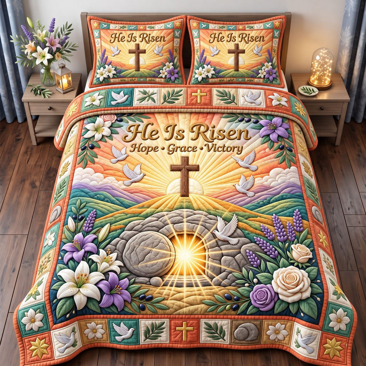 He Is Risen Empty Tomb quilted 3-piece bedding set on a made bed against a dark styled interior