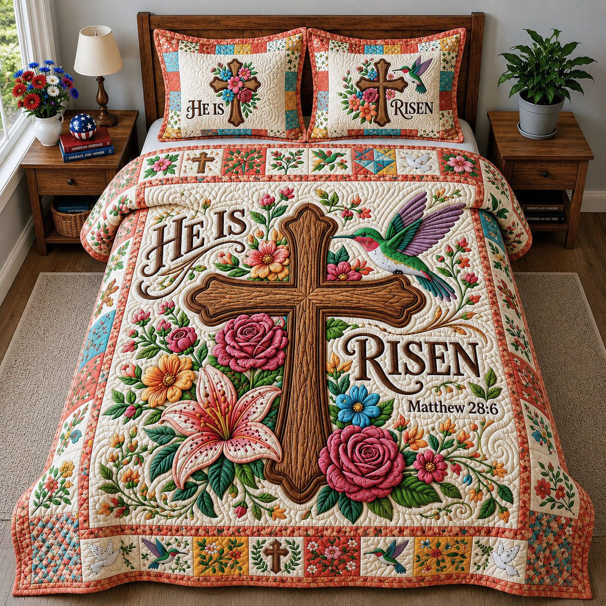 He Is Risen Floral quilted 3-piece bedding set on a made bed with two matching pillow shams