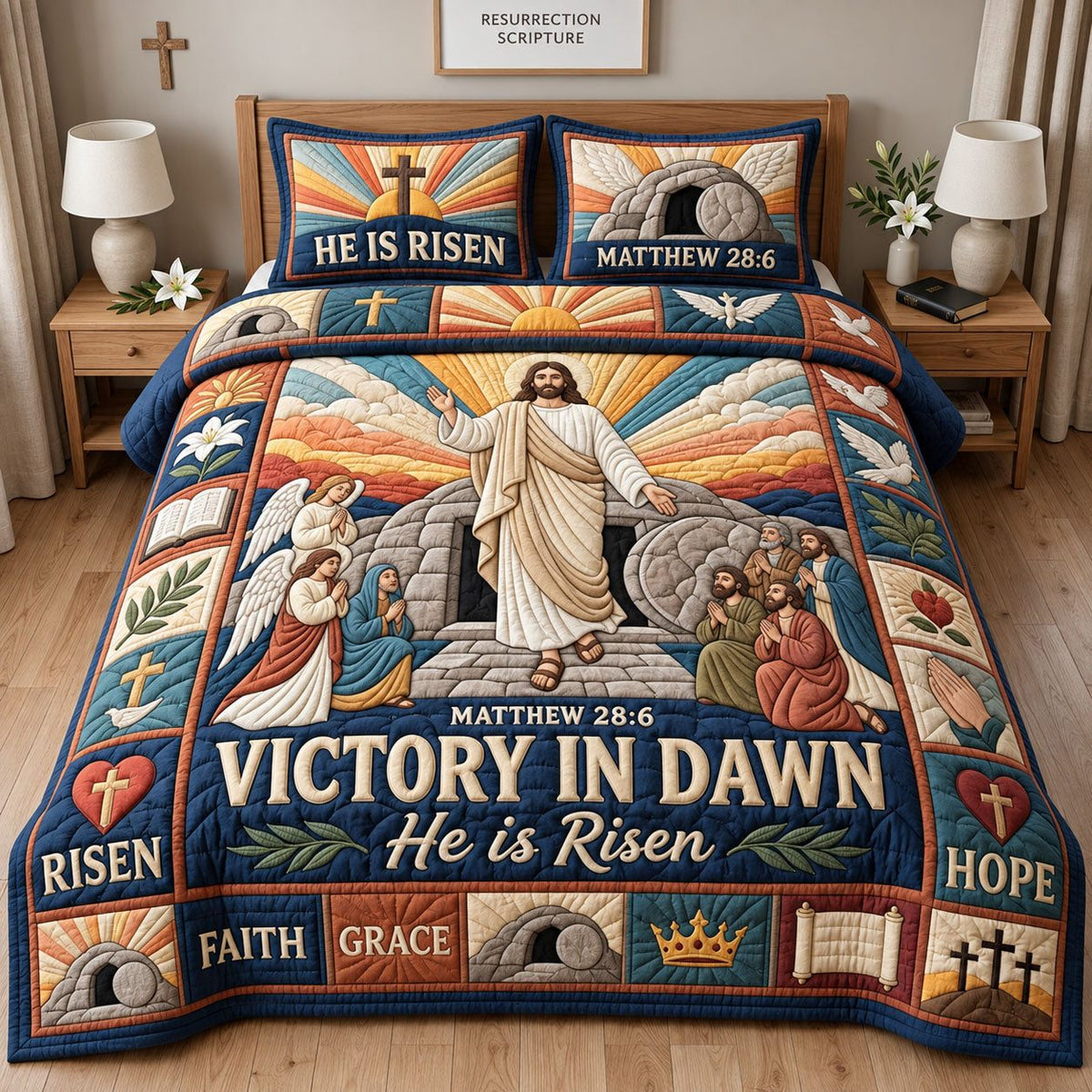 He Is Risen quilted 3-piece bedding set on a made bed with two matching pillow shams