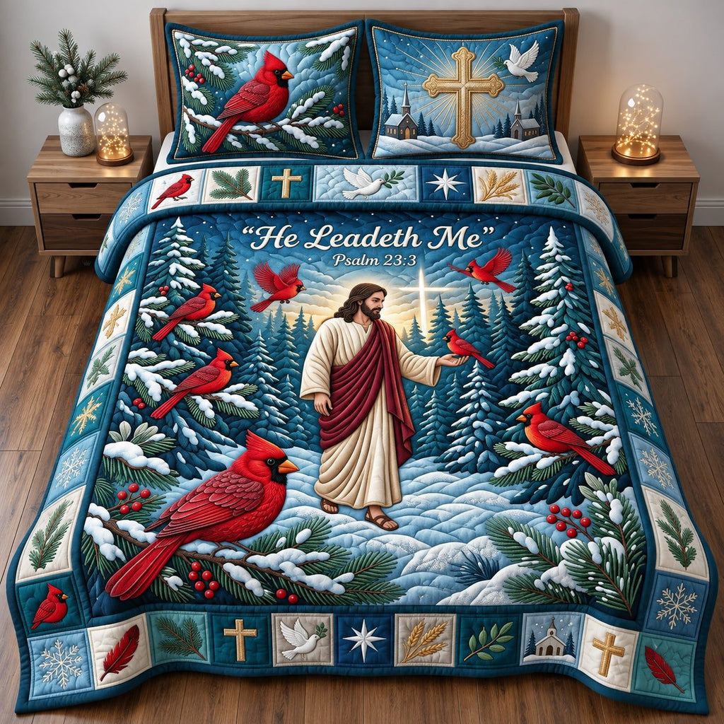 He Leadeth Me quilted 3-piece bedding set on a made bed with two matching pillow shams