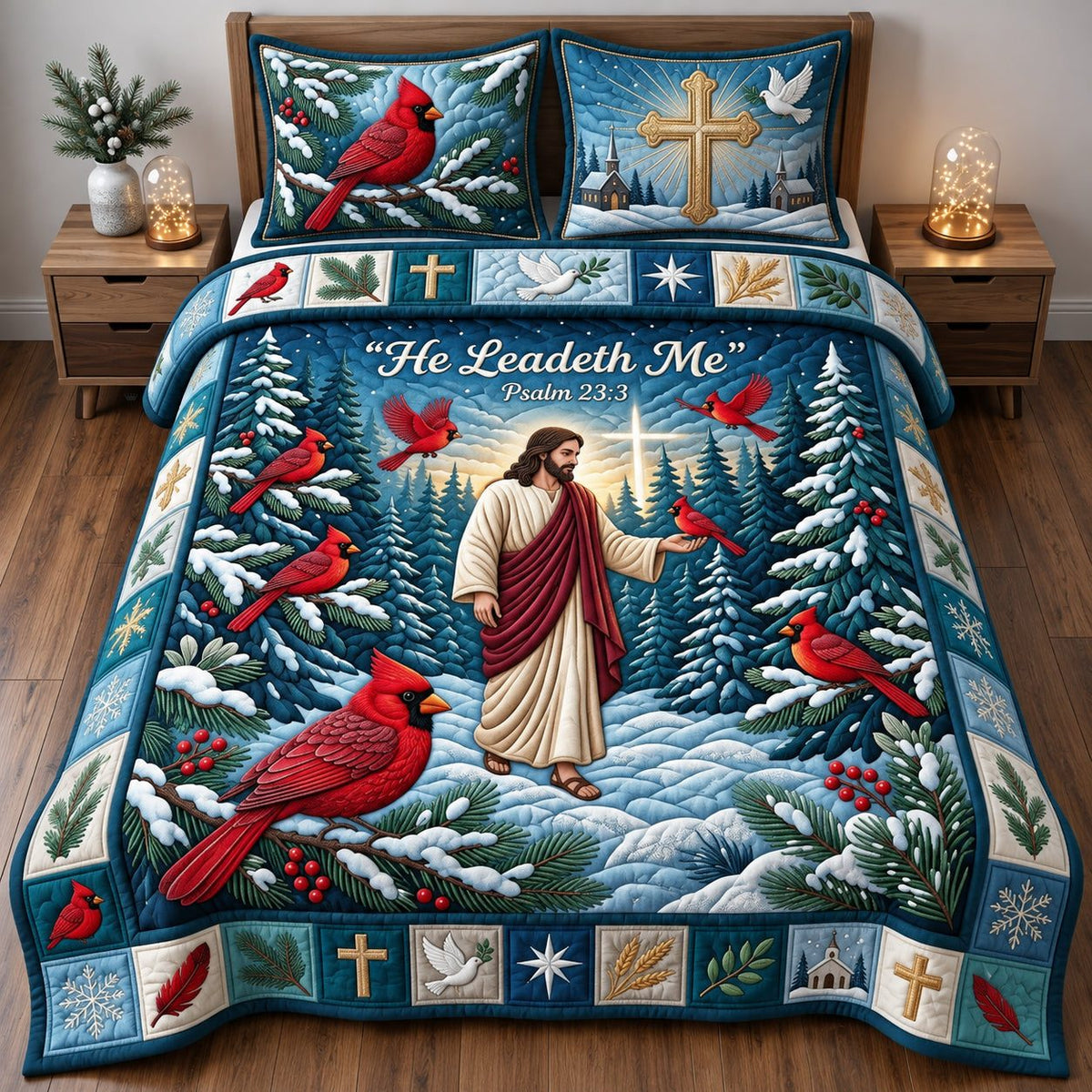 He Leadeth Me quilted 3-piece bedding set on a made bed with two matching pillow shams