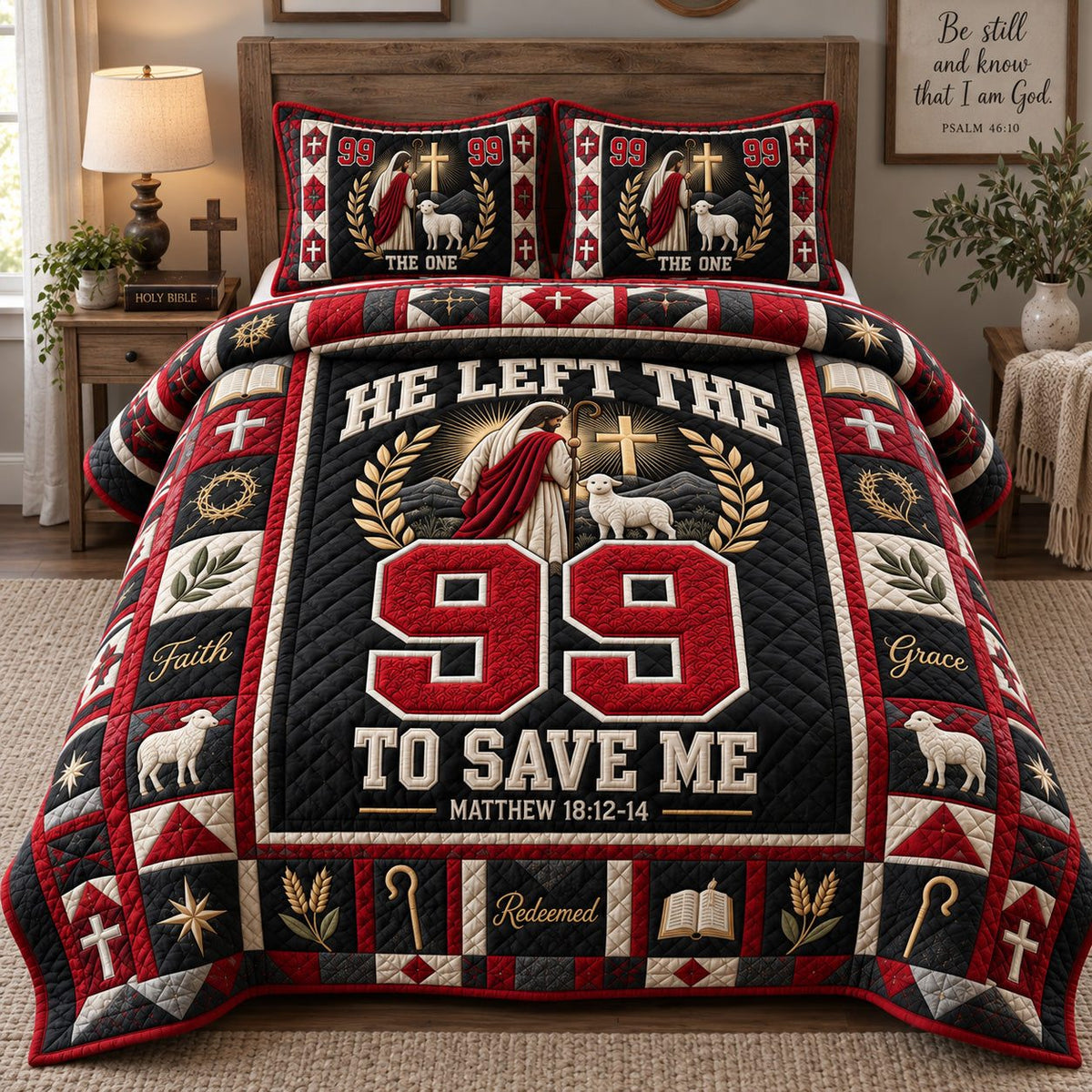 He Left The 99 quilted 3-piece bedding set on a made bed with two matching pillow shams