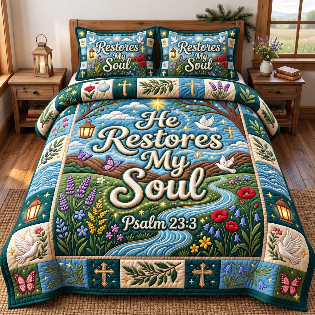 He Restores My Soul Psalm 23 quilted 3-piece bedding set on a made bed in a softly lit bedroom