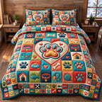 Heart Bone Paw Print quilted 3-piece bedding set on a made bed against a dark styled interior