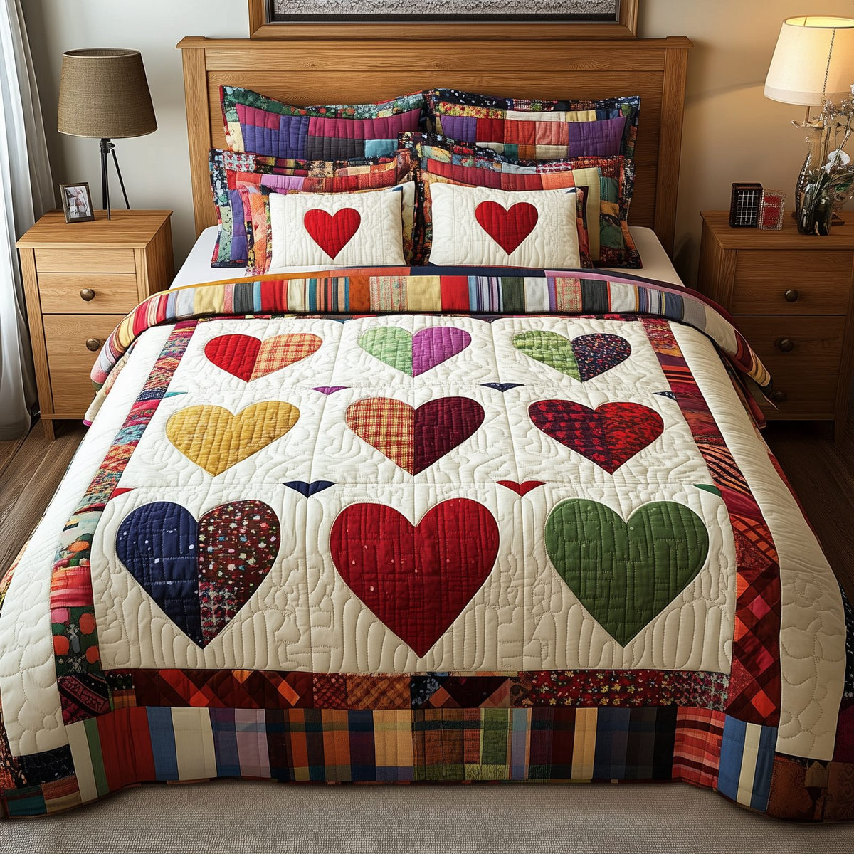 Heart By Heart Border quilted 3-piece bedding set on a made bed with two matching pillow shams