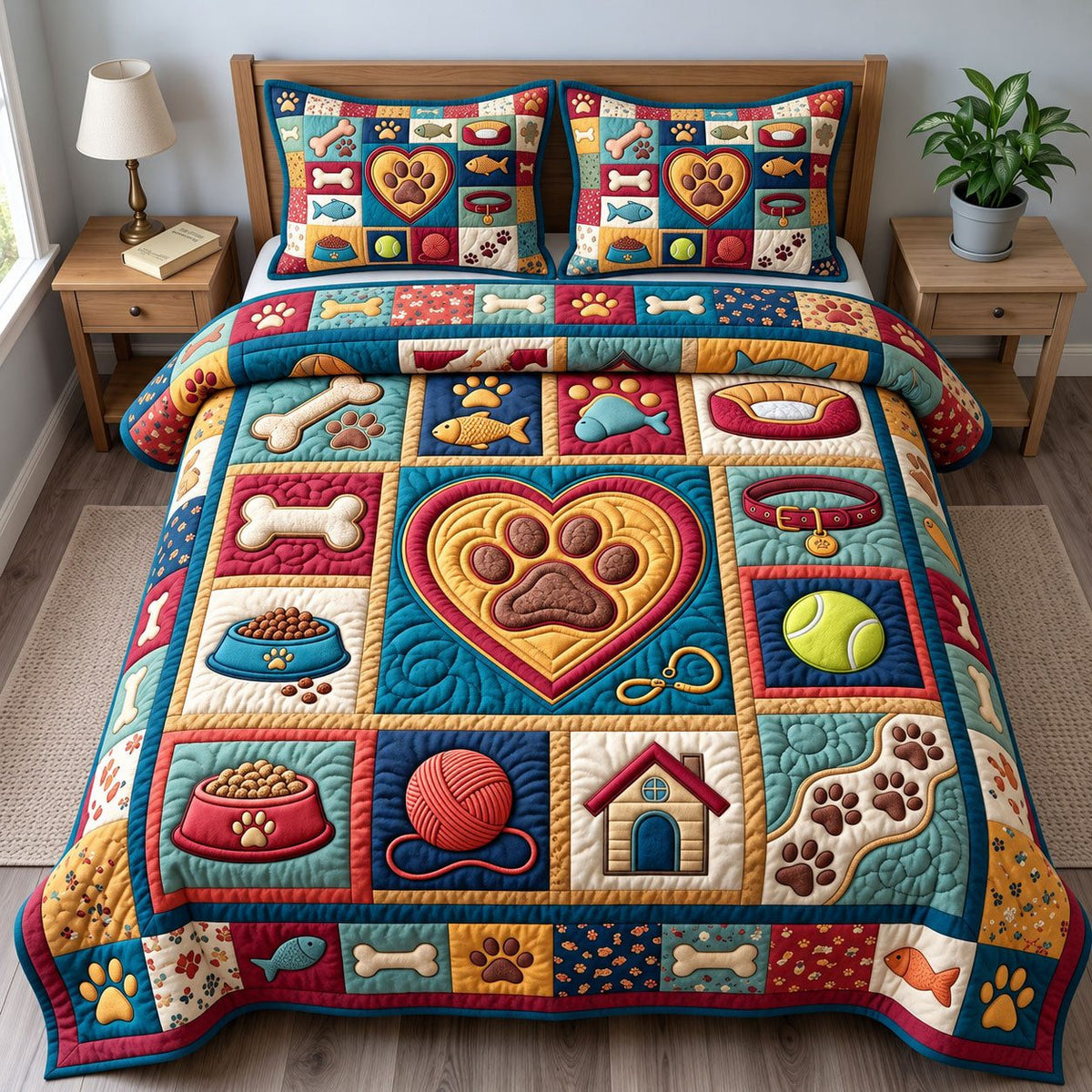 Heart Paw Dog Toy Blocks quilted 3-piece bedding set on a made bed with two matching pillow shams