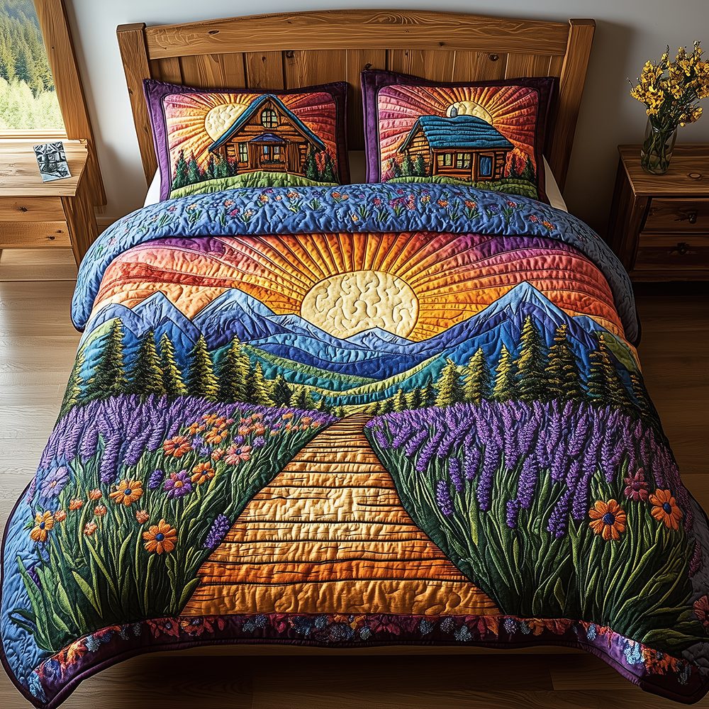Heaven Sunlit Road quilted 3-piece bedding set on a made bed in a softly lit bedroom
