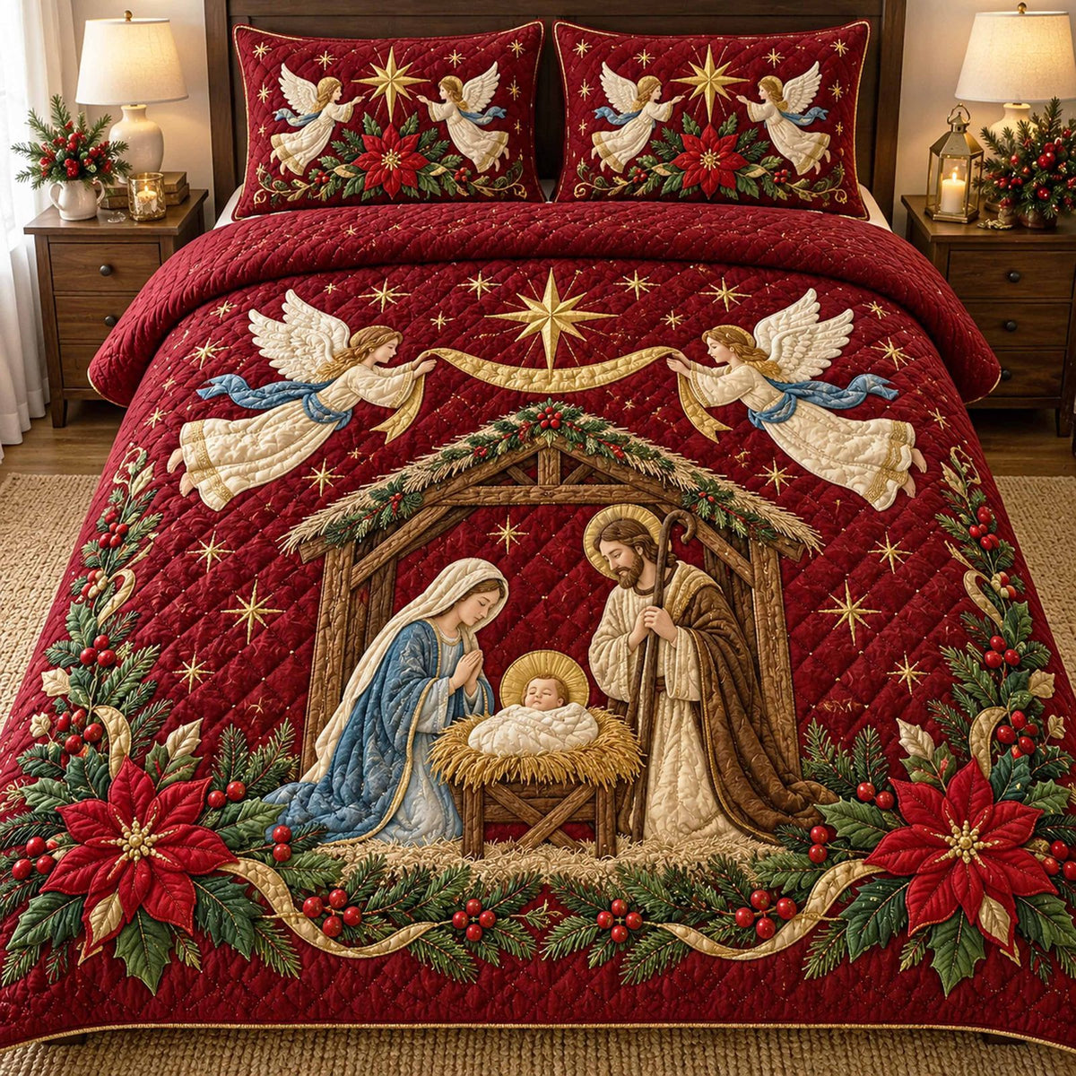 Heavenly Child quilted 3-piece bedding set on a made bed in a softly lit bedroom