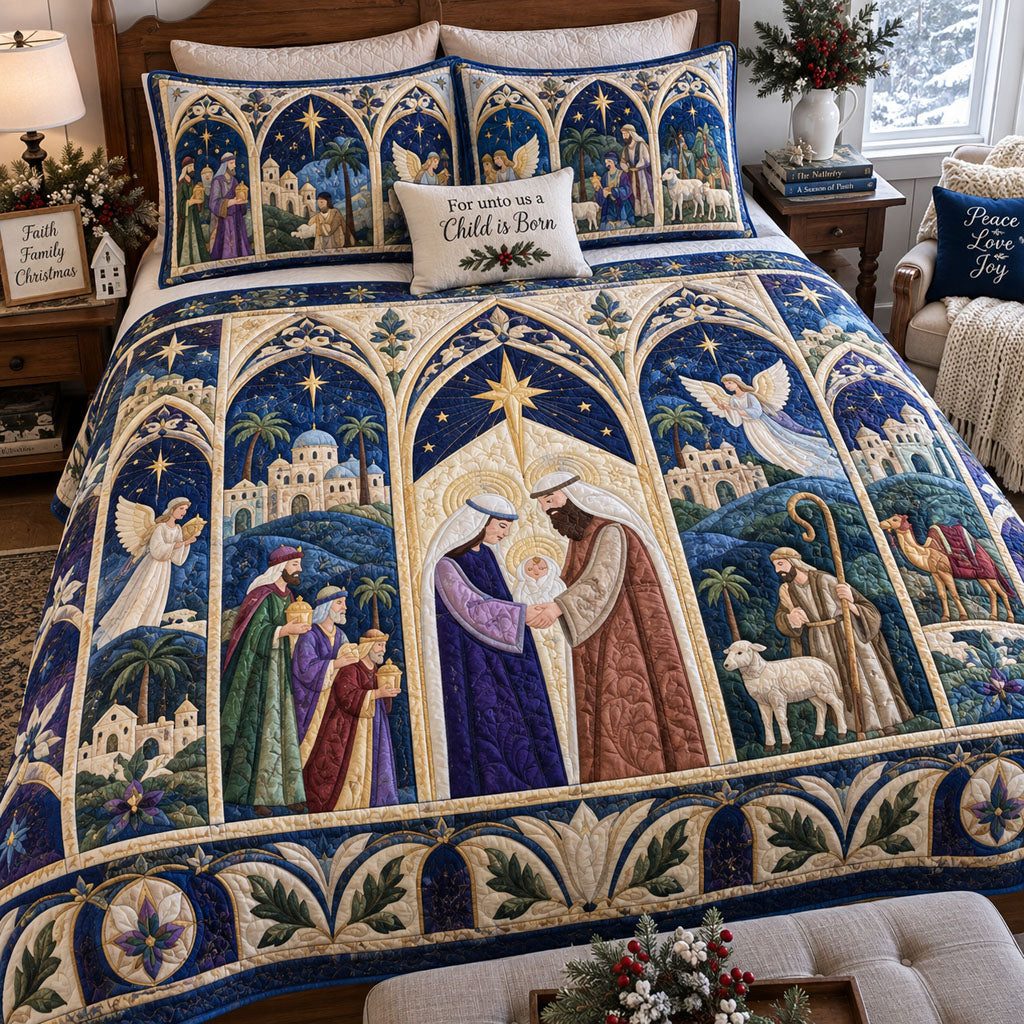 Heavenly Christmas quilted 3-piece bedding set on a made bed in a winter-styled bedroom