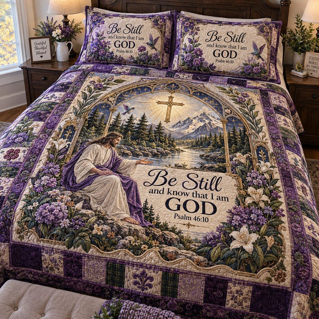 Heavenly Stillness quilted 3-piece bedding set on a made bed in a softly lit bedroom