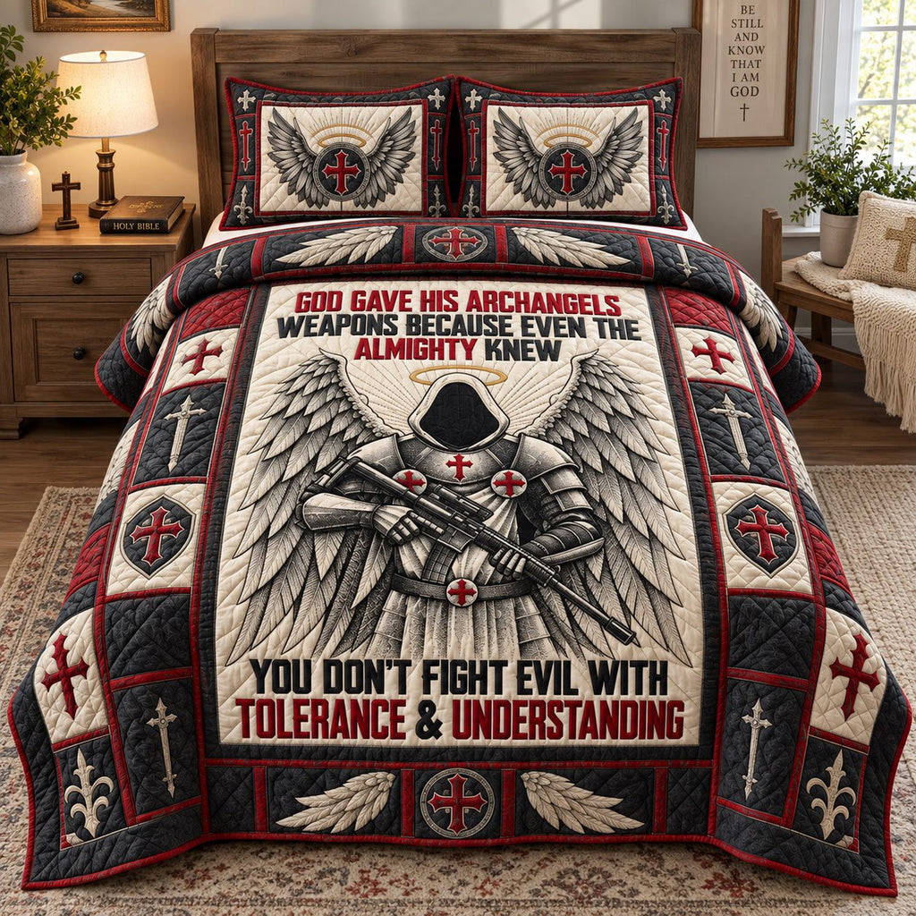 Heavenly Warrior quilted 3-piece bedding set on a made bed in a softly lit bedroom