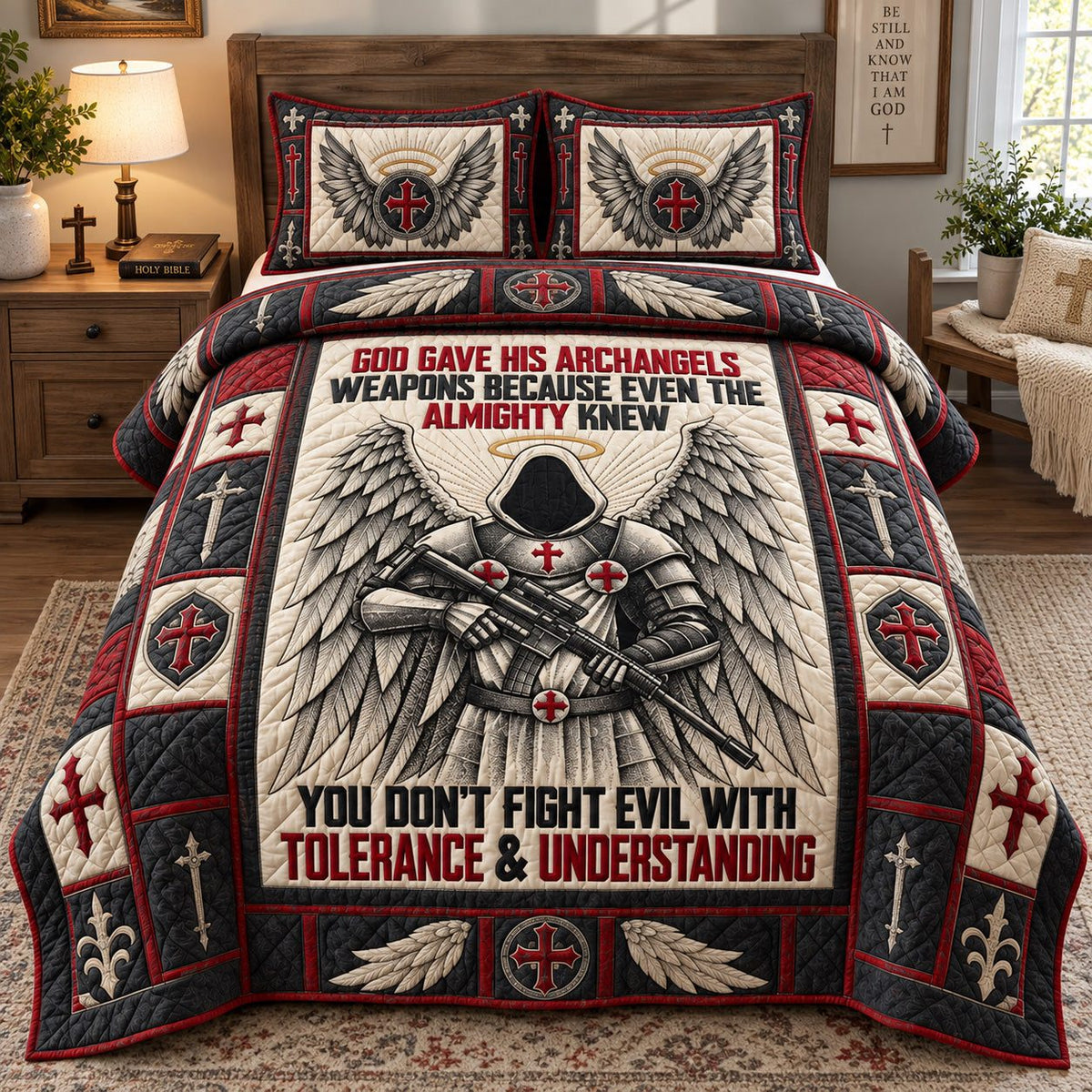 Heavenly Warrior quilted 3-piece bedding set on a made bed in a softly lit bedroom