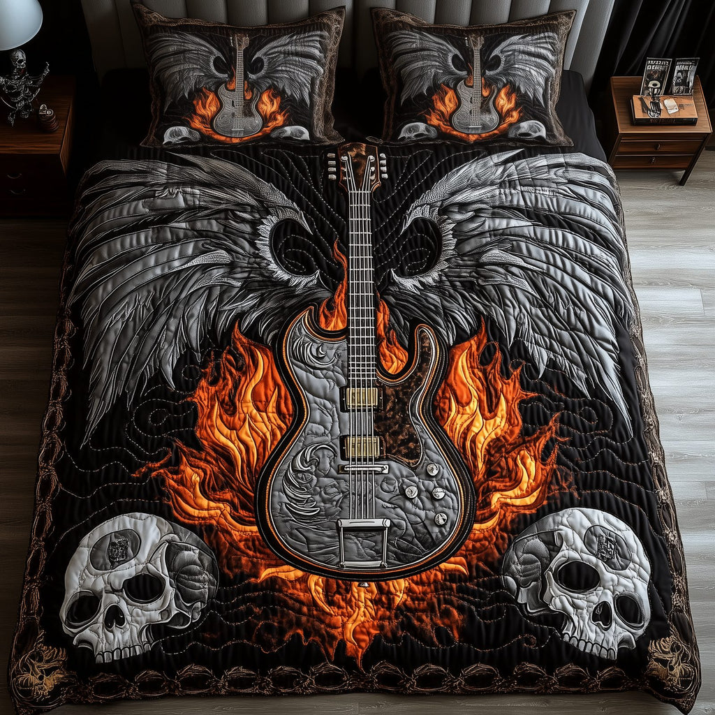 Heavy Metal Guitar Flame Skulls quilted 3-piece bedding set on a made bed against a dark styled interior