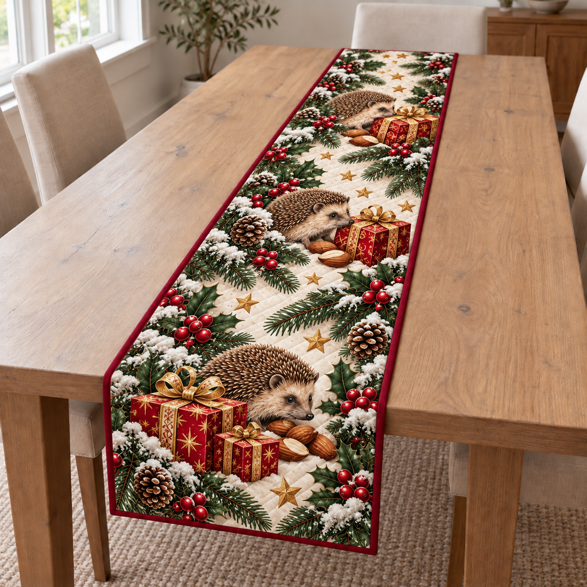 Hedgehog Almond Star Gift printed Christmas quilted table runner; design mockup showing a flat printed depth effect.