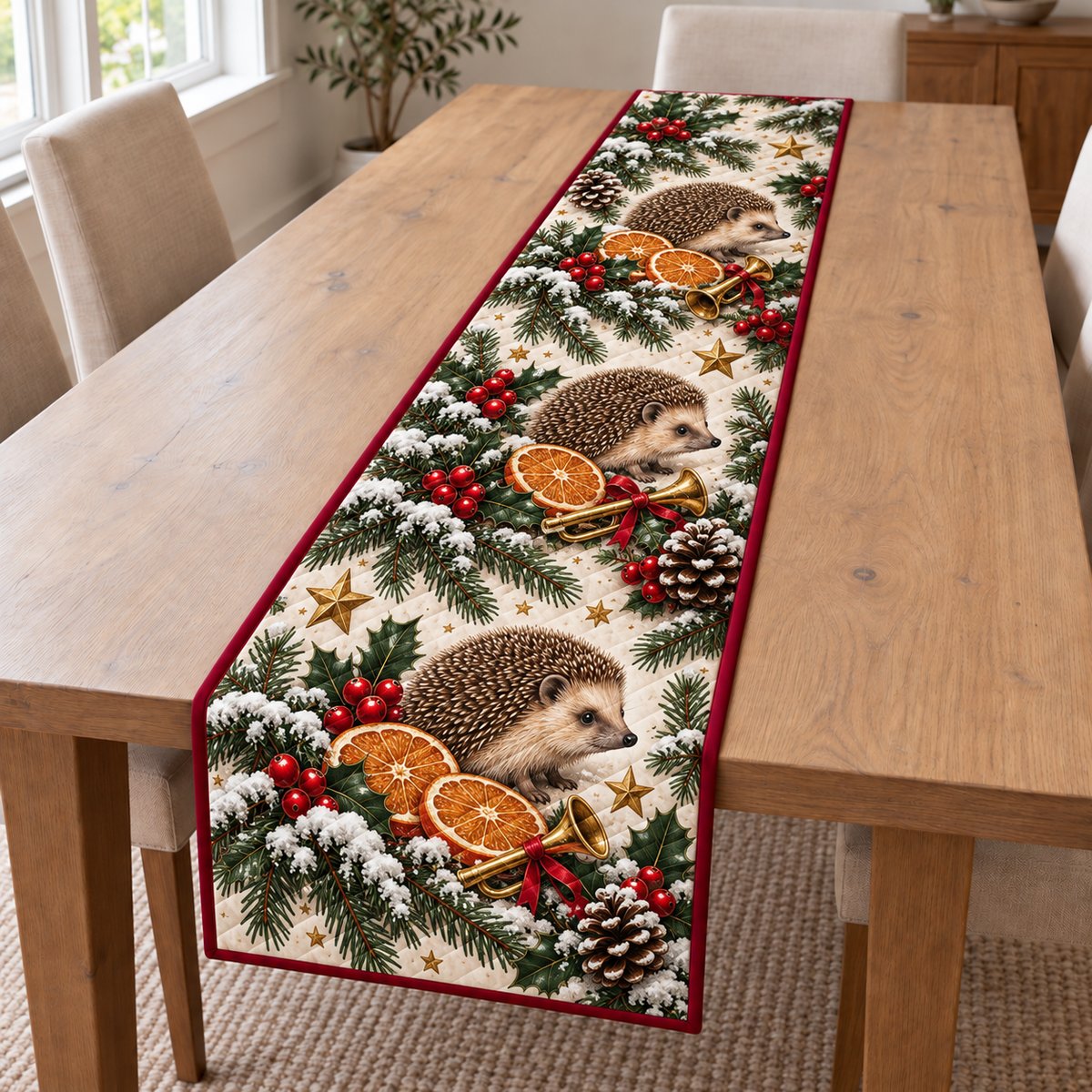 Hedgehog Orange Toy Bugle printed Christmas quilted table runner; design mockup showing a flat printed depth effect.