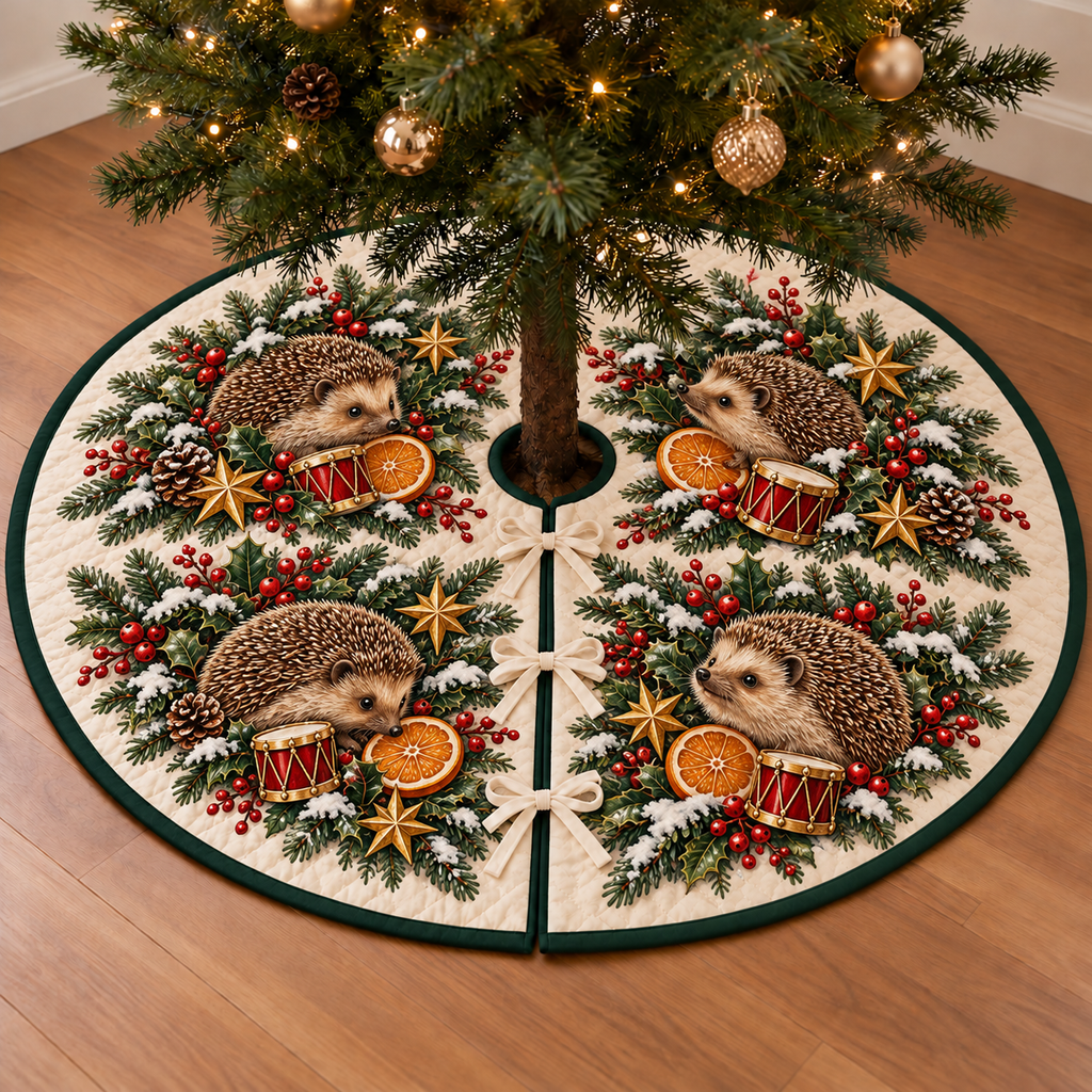 Hedgehog Orange Toy Drum printed Christmas circular tree skirt; design mockup showing a flat printed depth effect.