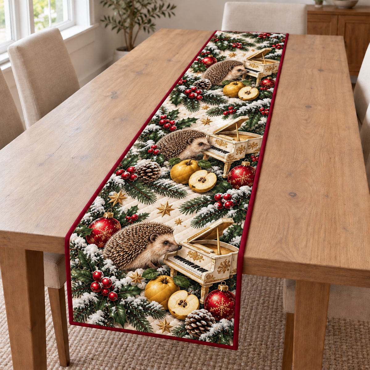 Hedgehog Quince Toy Piano printed Christmas quilted table runner; design mockup showing a flat printed depth effect.
