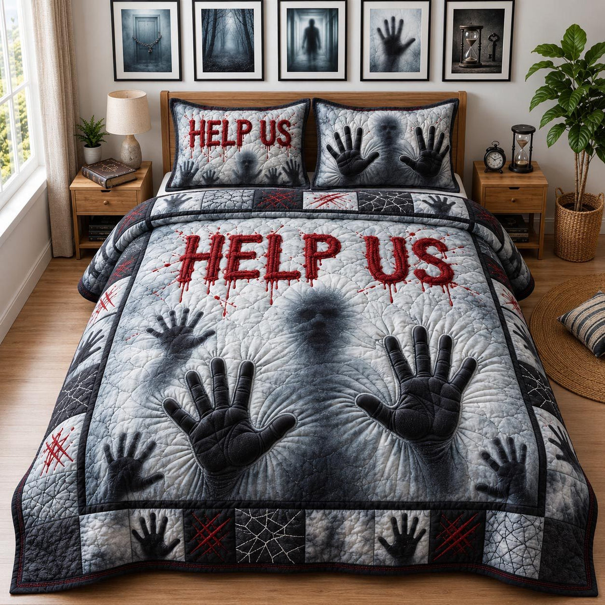 Help Us quilted 3-piece bedding set on a made bed with two matching pillow shams