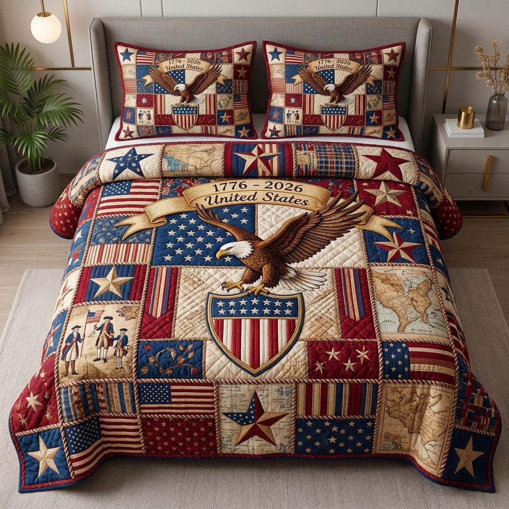Heritage Eagle Star Patch quilted 3-piece bedding set on a made bed in a warmly lit bedroom