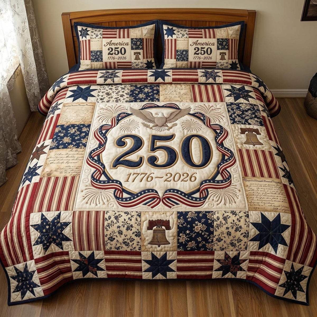 Heritage Patch 250 Shield Cream quilted 3-piece bedding set on a made bed in a farmhouse bedroom