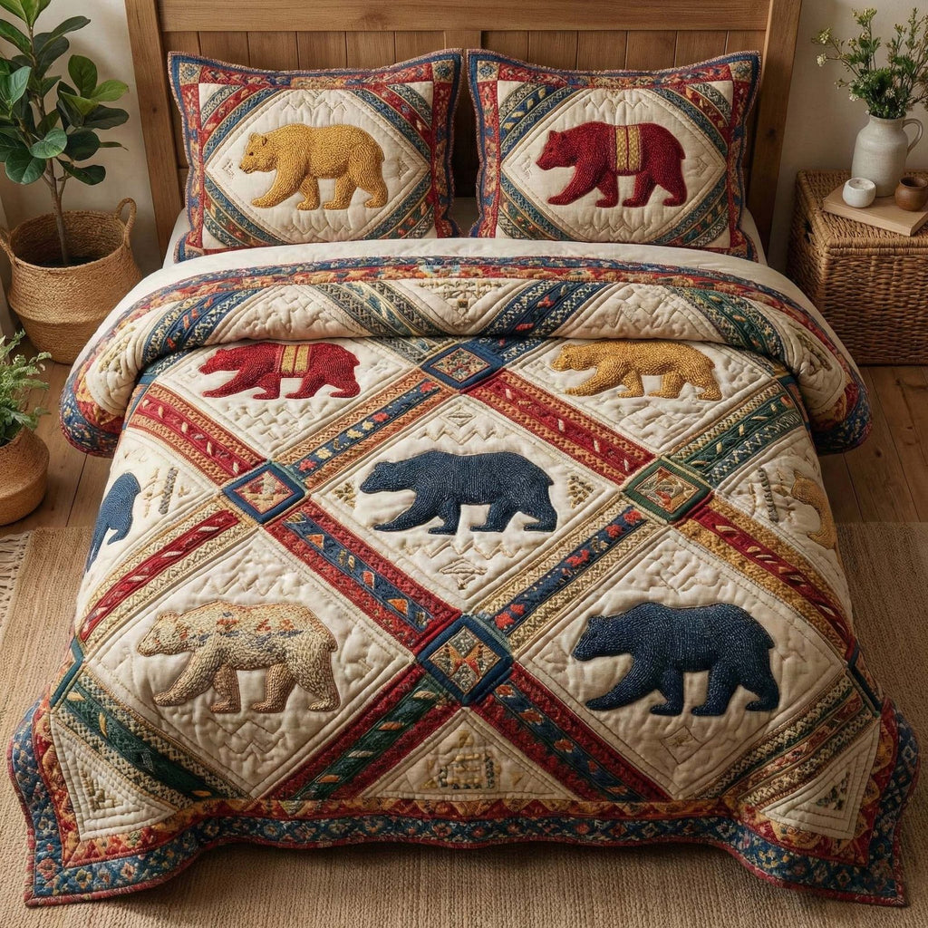 Heritage Patch Bear quilted 3-piece bedding set on a made bed in a farmhouse bedroom
