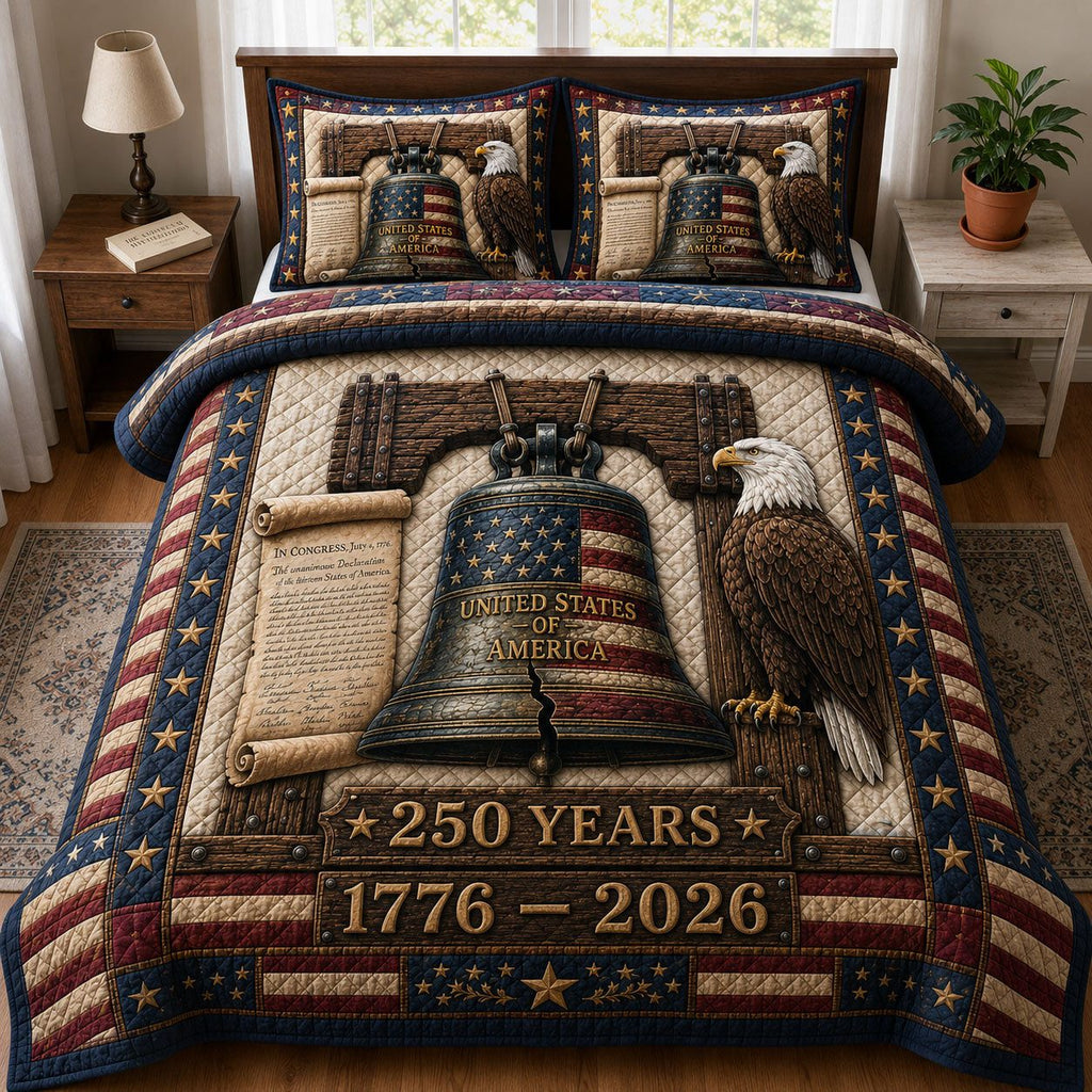 Heritage Patch Bell 250 Years quilted 3-piece bedding set on a made bed in a farmhouse bedroom