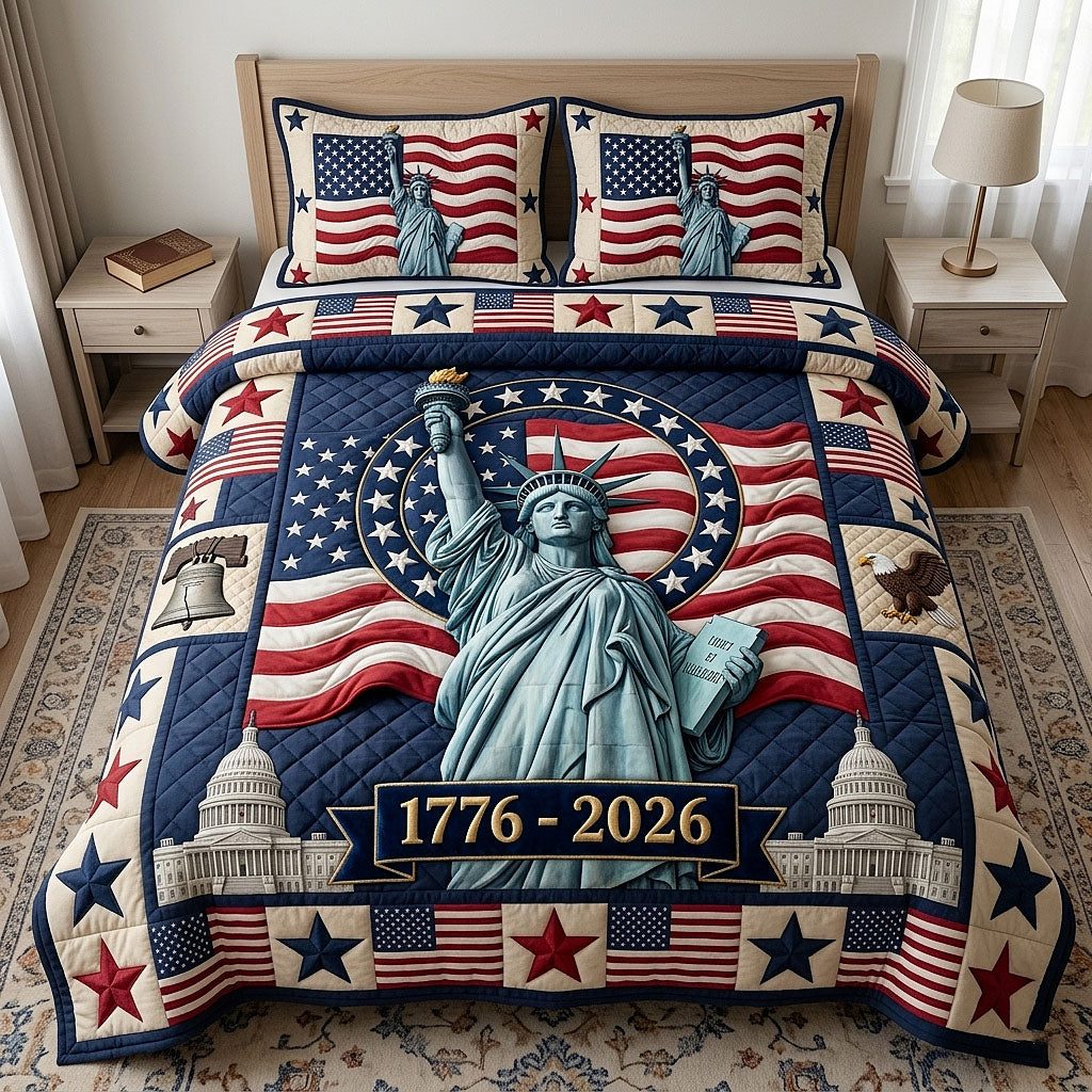 Heritage Patch Liberty 1776 quilted 3-piece bedding set on a made bed in a warmly lit bedroom